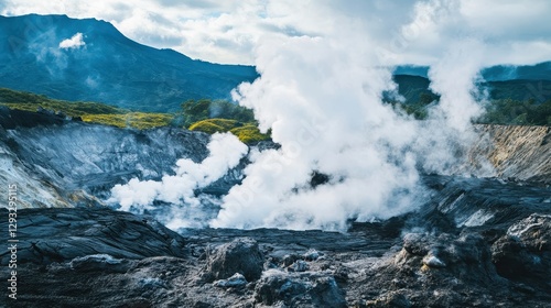 Volcanic Landscape with Smoky Vents and Dramatic Sky View