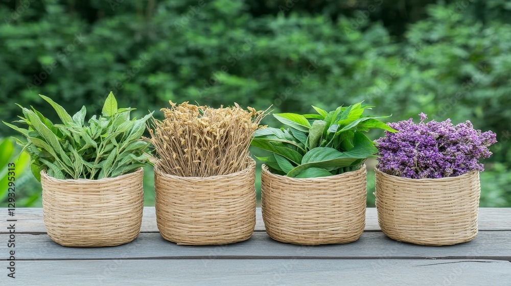 Fresh Herb Arrangement in Natural Baskets on Wooden Table Outdoors