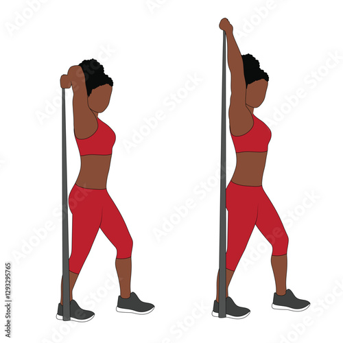 A Black African woman in red clothing doing overhead triceps extensions exercise with a resistance band. Flat vector illustration isolated on white background