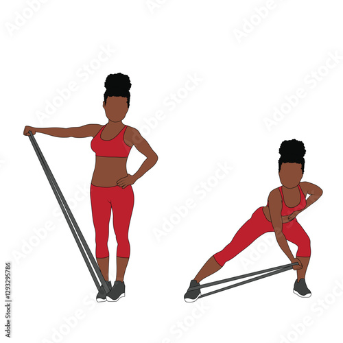 A Black African woman in red clothing doing a shoulder lateral raise to lunges exercise with a resistance band. Flat vector illustration isolated on white background
