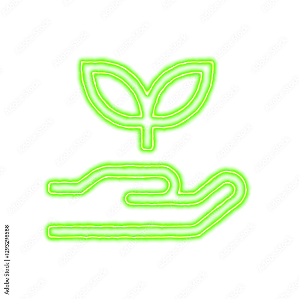 Fototapeta premium Icon hand holding seedling from the flow of energy of green color. Shimmering neon