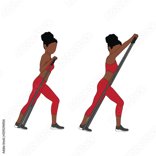A Black African woman in red clothing doing shoulder press exercise with a resistance band. Flat vector illustration isolated on white background