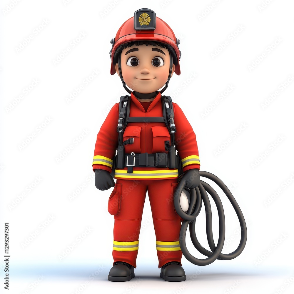 A cheerful cartoon firefighter in a red uniform holds a rope, ready for action, embodying bravery and teamwork. A cheerful cartoon firefighter in a red uniform holds a rope, ready for action, embodying bravery and teamwork.