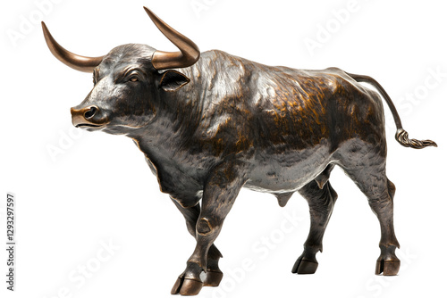 Statue of a bull with sharp horns isolated on white background.