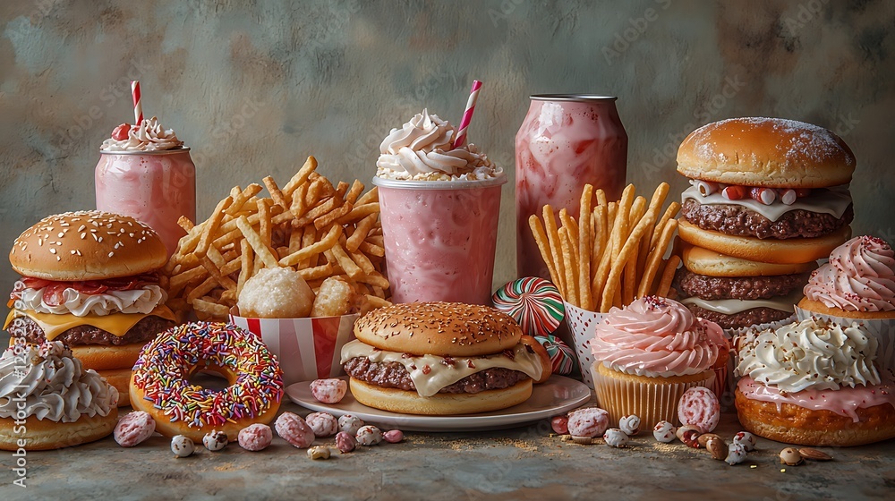 Unhealthy sugary food feast on table; background blurred. Use advertising, article Unhealthy sugary food feast on table; background blurred. Use advertising, article