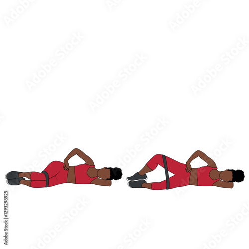 A Black African woman in red clothing doing banded clamshells exercise. Flat vector illustration isolated on white background