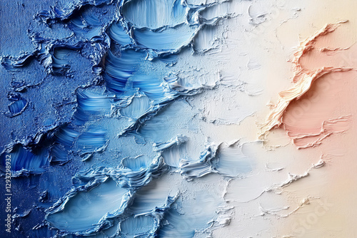 Abstract Ocean Waves in Shades of Blue, White, and Pink with Textured Impasto Technique, Minimalist Modern Art Oil Painting on Canvas, Close-up View of Beautiful Details