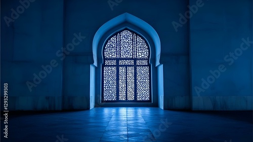 Intricate Blue Islamic Archway Window in a Mosque