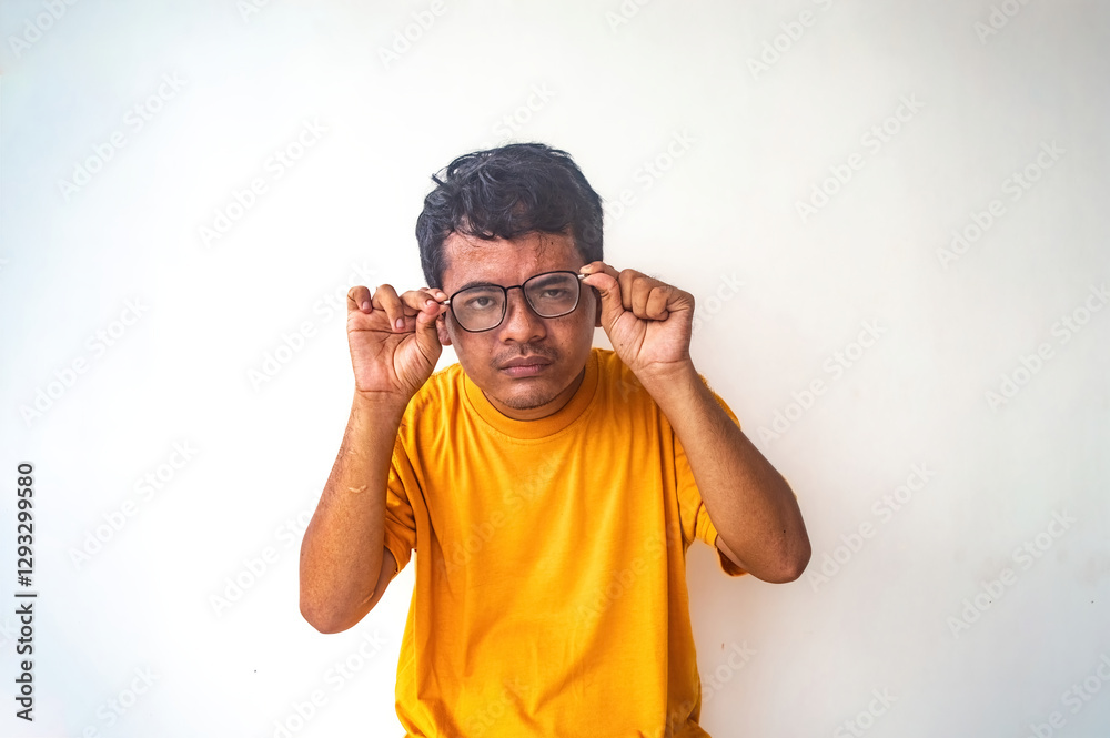 Fototapeta premium A man in a yellow shirt is excitedly adjusting his glasses with both hands against a plain white background. The image highlights his enthusiasm and clear action