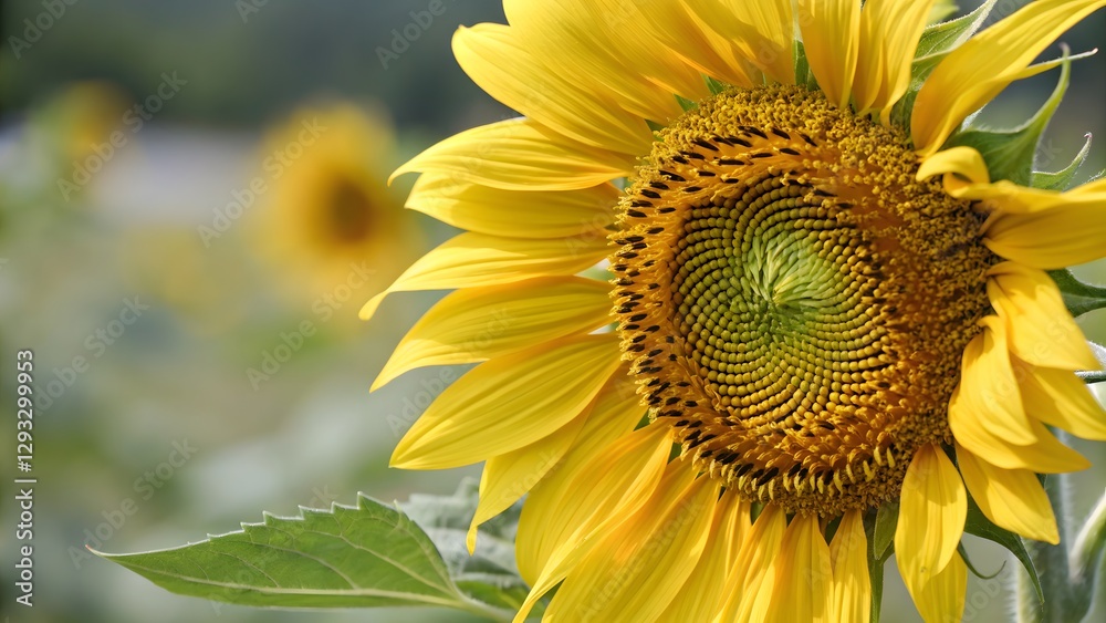 Naklejka premium Vibrant Yellow Sunflower Close Up in a Field of Sunflowers