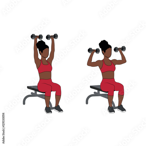 A Black African woman in red clothing doing shoulder press exercise using dumbbells. Flat vector illustration isolated on white background