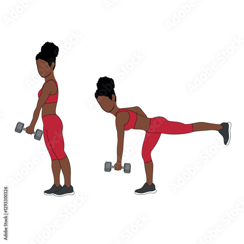 A Black African woman in red clothing doing single leg deadlifts exercise using dumbbells. Flat vector illustration isolated on white background
