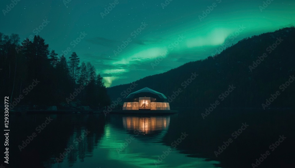 Obraz premium Lakeside Dome Home Under Northern Lights