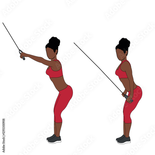 A Black African woman in red clothing doing cable back lateral pull downs exercise. Flat vector illustration isolated on white background