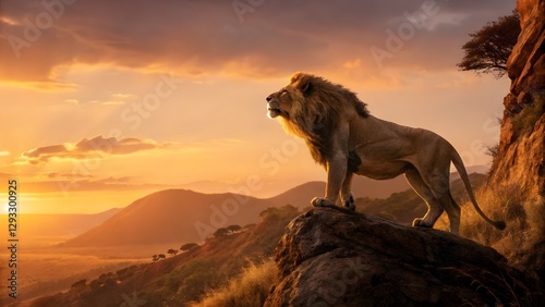 Majestic African Lion at Sunset Standing Proud on a Rock Serengeti Landscape