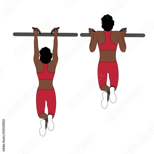 A Black African woman in red clothing doing pull ups exercise using gym equipment. Flat vector illustration isolated on white background
