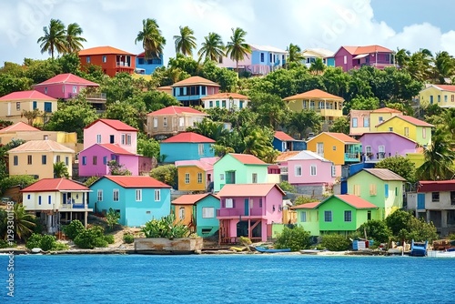 Vibrant houses climb a lush hillside on the idyllic island of caye caulker, belize, creating a picturesque scene of caribbean charm and tropical living