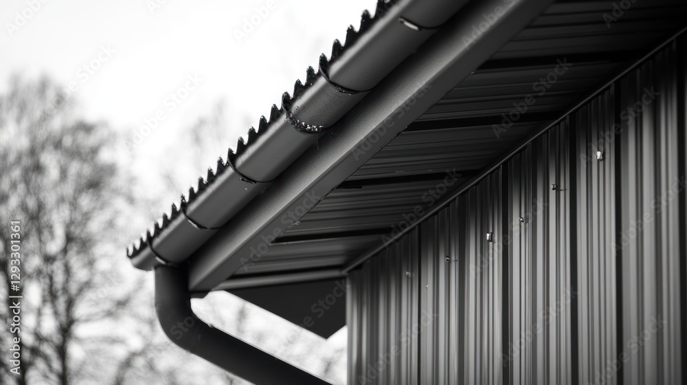 Fototapeta premium Close-up of modern building's rain gutter system and corrugated metal siding.