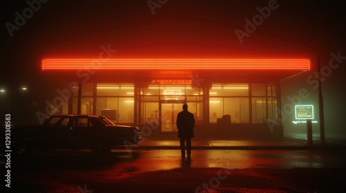 Fototapeta Naklejka Na Ścianę i Meble -  Lone figure at foggy neon-lit gas station at night