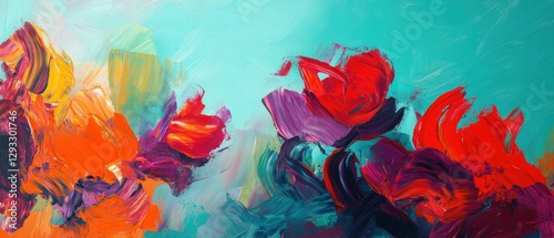 Colorful abstract painting with vibrant red and purple flowers against a teal background, modern art for home decor, artistic expression, wall artwork.