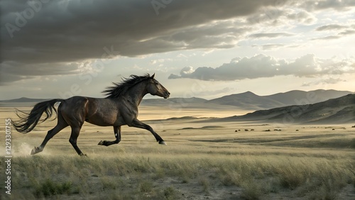 Majestic Dark Horse Galloping Across Serene Grassland Under Dramatic Sky