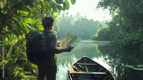 Tourist with map and backpack stand at jungle forest landscape with wooden boat in lake and tropical vegetation around. Hiking, travel adventure, traveler in rainforest Cartoon vector illustration