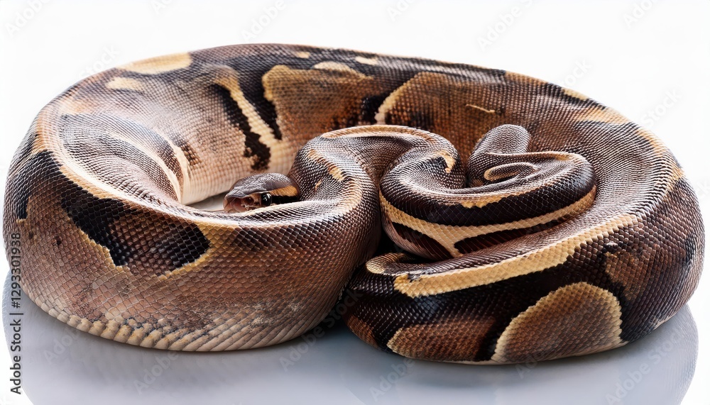 Obraz premium Striking Closeup of a Ball Python from the Mojave Desert, Showcasing its Hypnotic Scales and Intense Eyes on a Pristine Background, Highlighting the Mystique and Beauty of this Captivating