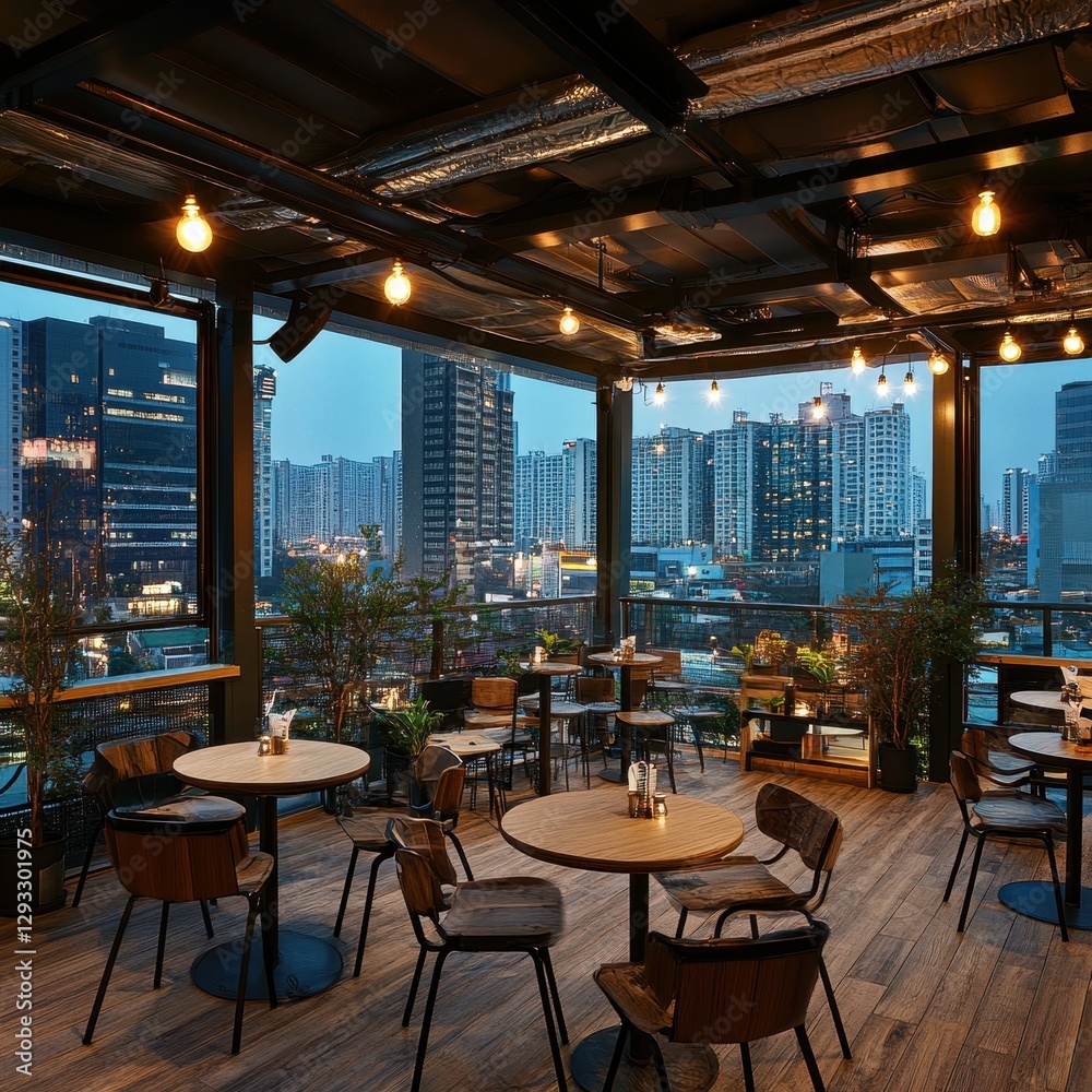 Obraz premium Open air restaurant with amazing views of city lights