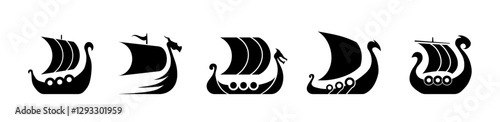 A minimalistic black Viking ship icon with a dragon head, shields, and sail, representing Nordic history, Norse mythology, and medieval Scandinavian design.