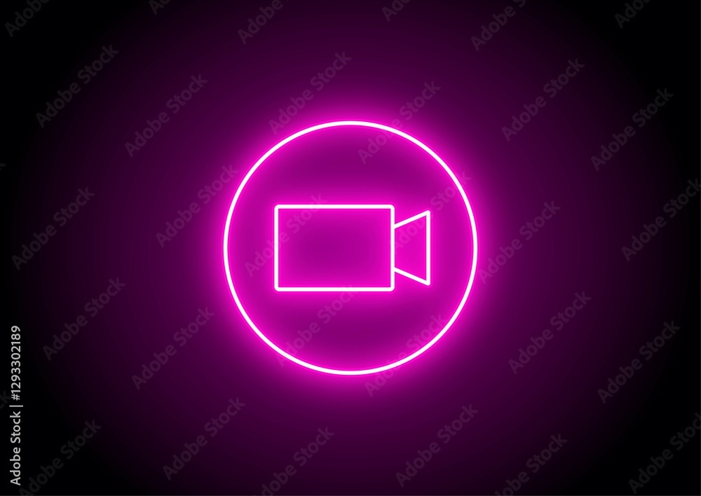 Light glowing neon video camera icon. Photograph camera on black background Light glowing neon video camera icon. Photograph camera on black background