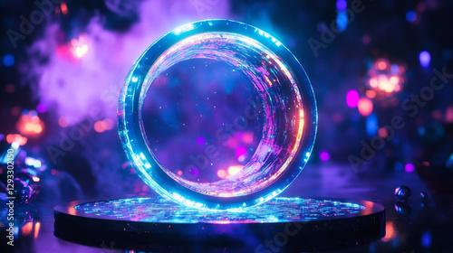 Futuristic portals, magic hologram teleport with square podium. Time travel booth, virtual reality projector with colorful light beams. Sky-fi HUD technology style GUI, UI 3d Vector illustration