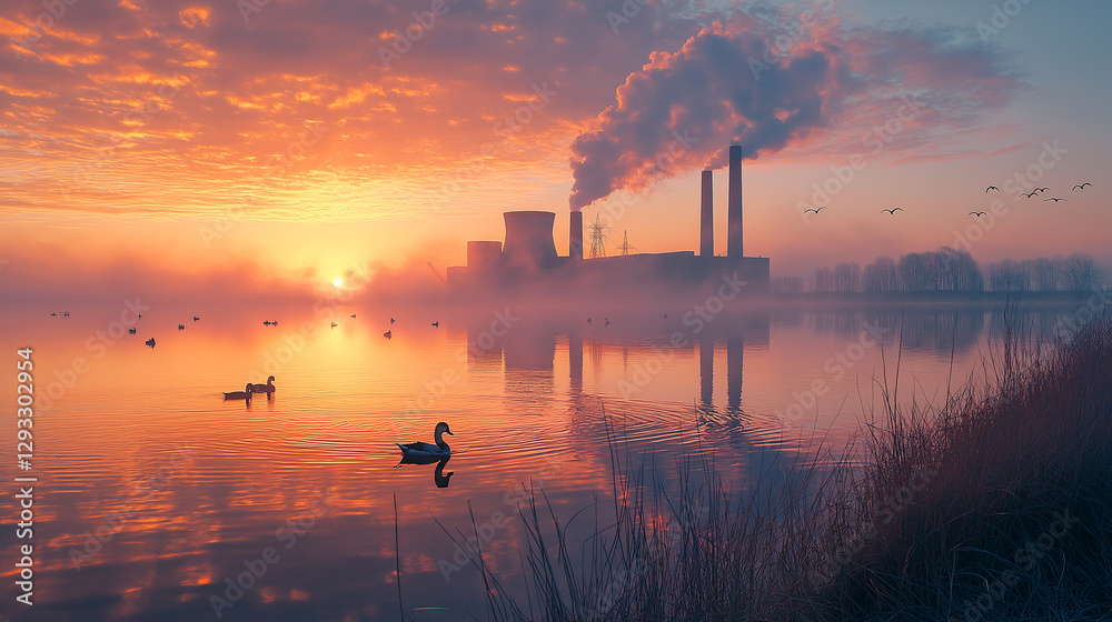 Serene landscape featuring a nuclear power plant at sunrise with tranquil waters and wildlife Serene landscape featuring a nuclear power plant at sunrise with tranquil waters and wildlife