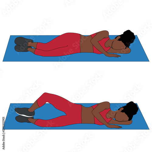 A Black African woman in red clothing doing clam shells exercise for glutes. Flat vector illustration isolated on white background