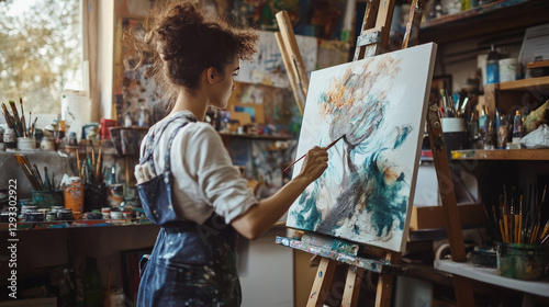Girl painter in art studio with canvas and brushes on easel, paints on shelves and colored pencils. Vector cartoon illustration of artist workshop interior and woman with notebook and pencil