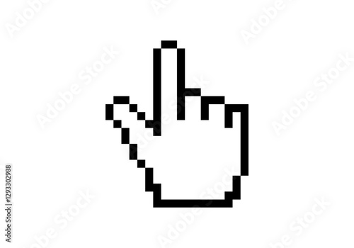 A classic pixelated hand cursor pointing to the right, displayed in black and white.