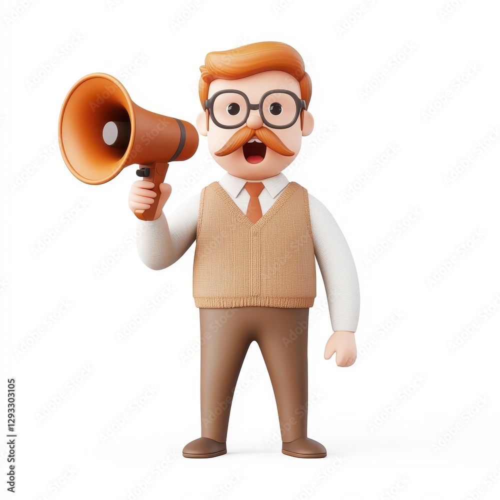 A cartoonish character with glasses and a mustache holds a megaphone, dressed in a knitted vest and brown trousers, promoting a lively announcement. A cartoonish character with glasses and a mustache holds a megaphone, dressed in a knitted vest and brown trousers, promoting a lively announcement.