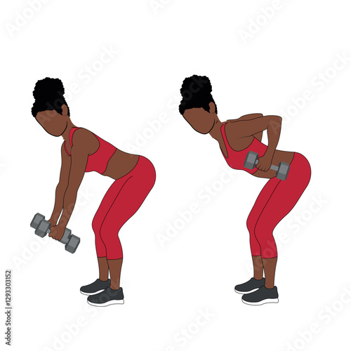A Black African woman in red clothing doing bent over rows exercise using dumbbells. Flat vector illustration isolated on white background