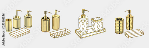 Luxury Set of accessories for bath and personal hygiene on white background, Beautiful hygiene set, Golden Bath Accessories