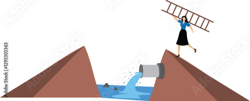 Overcome business obstacle, businesswoman lift ladders on his shoulder to climb up the high cliff, challenge to solve business problem and see opportunity