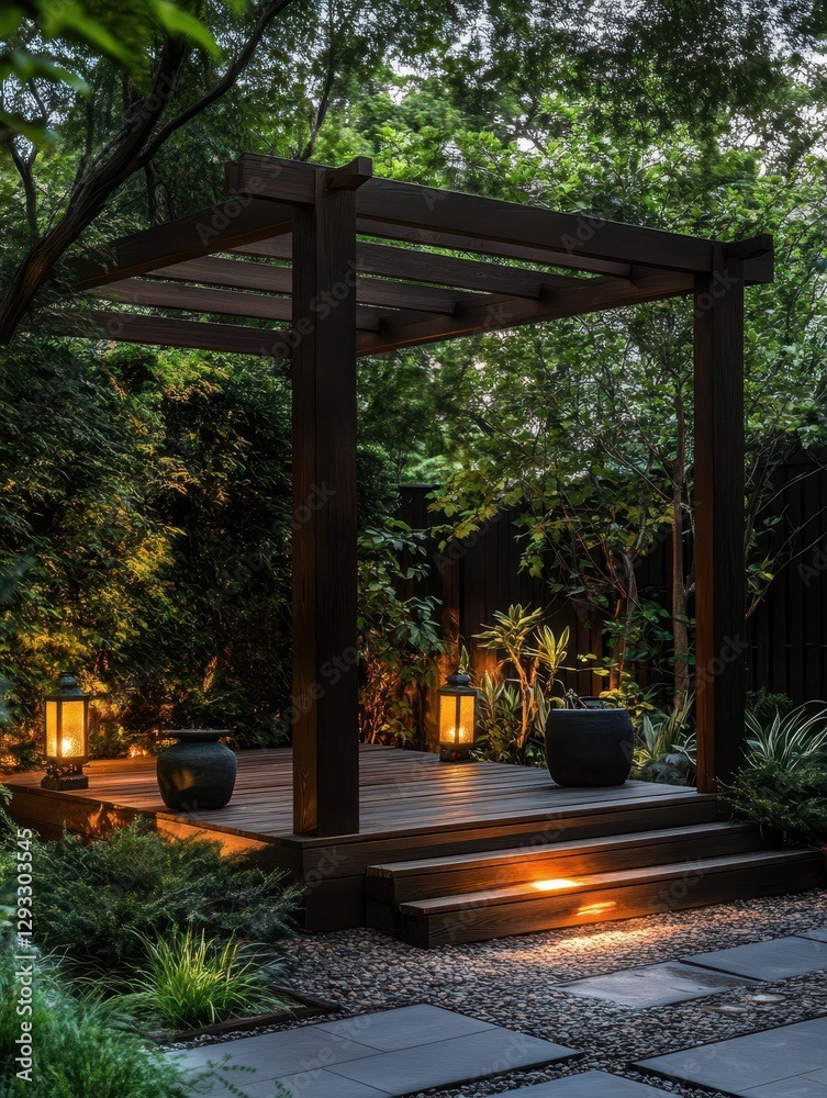 A garden pergola with lights and lush greenery A garden pergola with lights and lush greenery