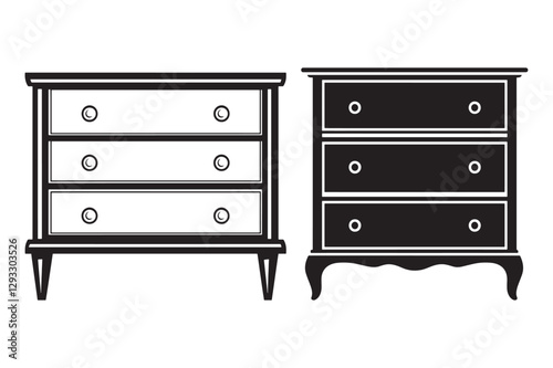 Black and White Dresser Silhouette Icon, Wardrobe Dresser Silhouette Vector, Simple Bedroom Dresser Silhouette, Outline of a Bedroom Dresser, Minimalist Dresser Cabinet Line Drawing.