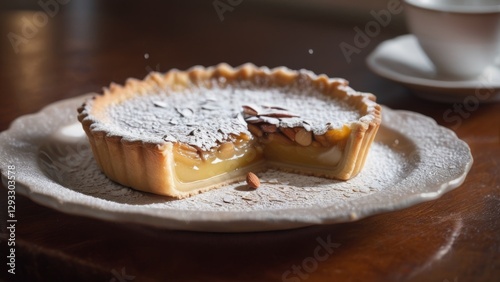 A delicious tart with a golden crust, filled with a smooth lemon custard, topped with powdered sugar and almonds, sits on a white plate. A slice is missing, revealing the creamy filling