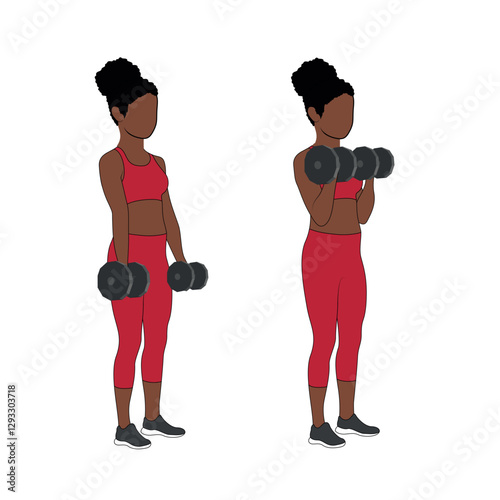 A Black African woman in red clothing doing bicep curls exercise with dumbbells. Flat vector illustration isolated on white background