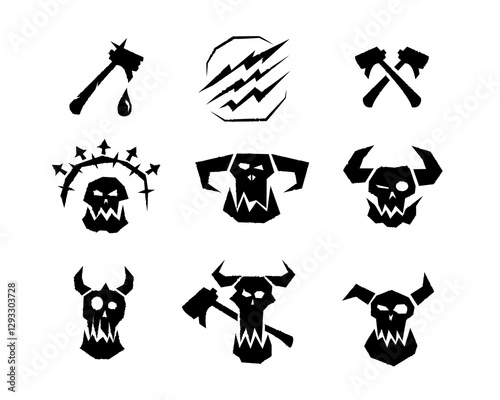 A Gothic black icon of an orc with a skeletal face, horns, and a brutal expression, symbolizing war, savagery, and fantasy monster battles.