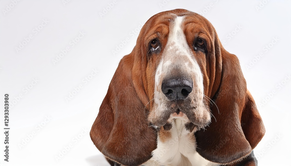 Playful and Adorable Basset Hound Against a Crisp White Backdrop, Showcasing the Hounds Expressive Eyes and Soft Textures in Perfect Focus. Playful and Adorable Basset Hound Against a Crisp White Backdrop, Showcasing the Hounds Expressive Eyes and Soft Textures in Perfect Focus.