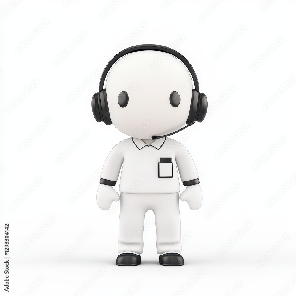 A cute, minimalist figure wearing a headset, dressed in white attire, embodying a friendly customer service representative. A cute, minimalist figure wearing a headset, dressed in white attire, embodying a friendly customer service representative.