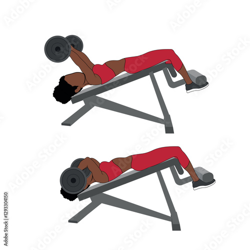 A Black African woman in red clothing doing decline bench chest press with barbell exercise. Flat vector illustration isolated on white background