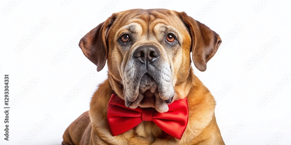 Obraz premium Senior Dog Red Bow Tie, Adorable Elderly Canine Portrait, White Background