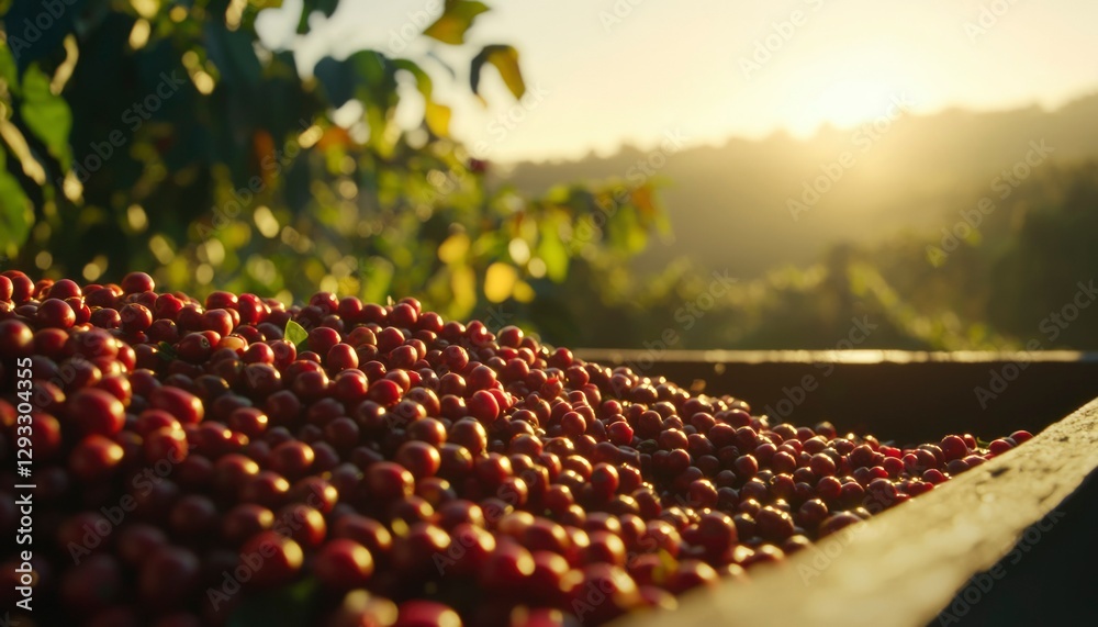 Fototapeta premium Red Coffee Berries in Wooden Crate at Sunrise on Plantation