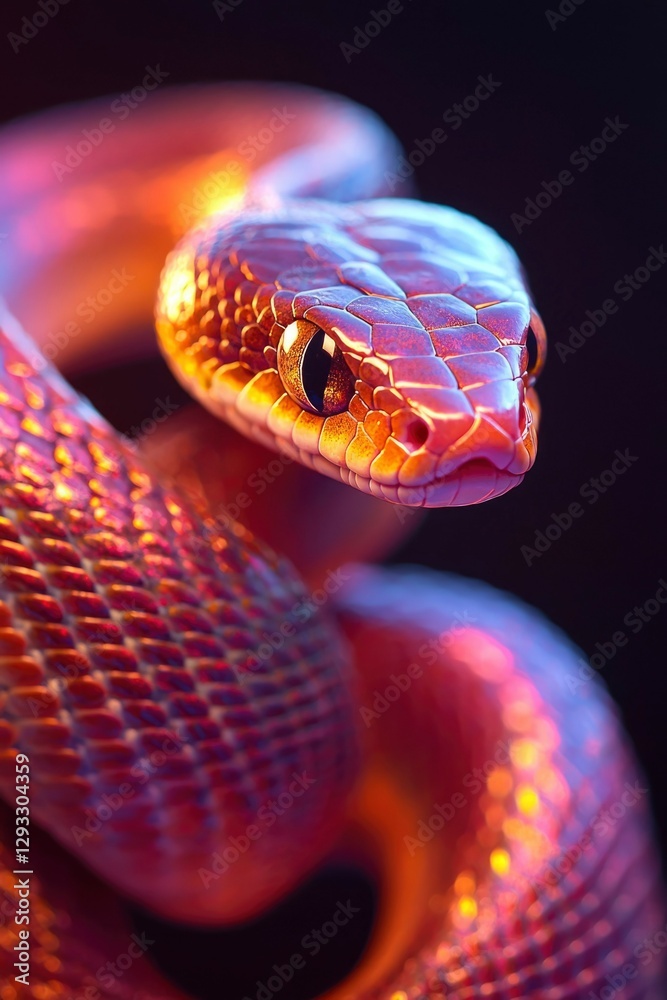 Fototapeta premium Iridescent Snake Coiled in Dark Studio